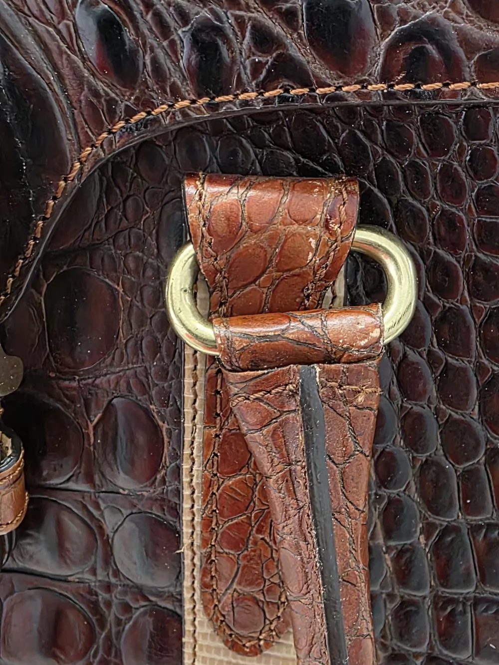 Brahmin Croc-Embossed Leather Satchel in Dark Brown and Tan